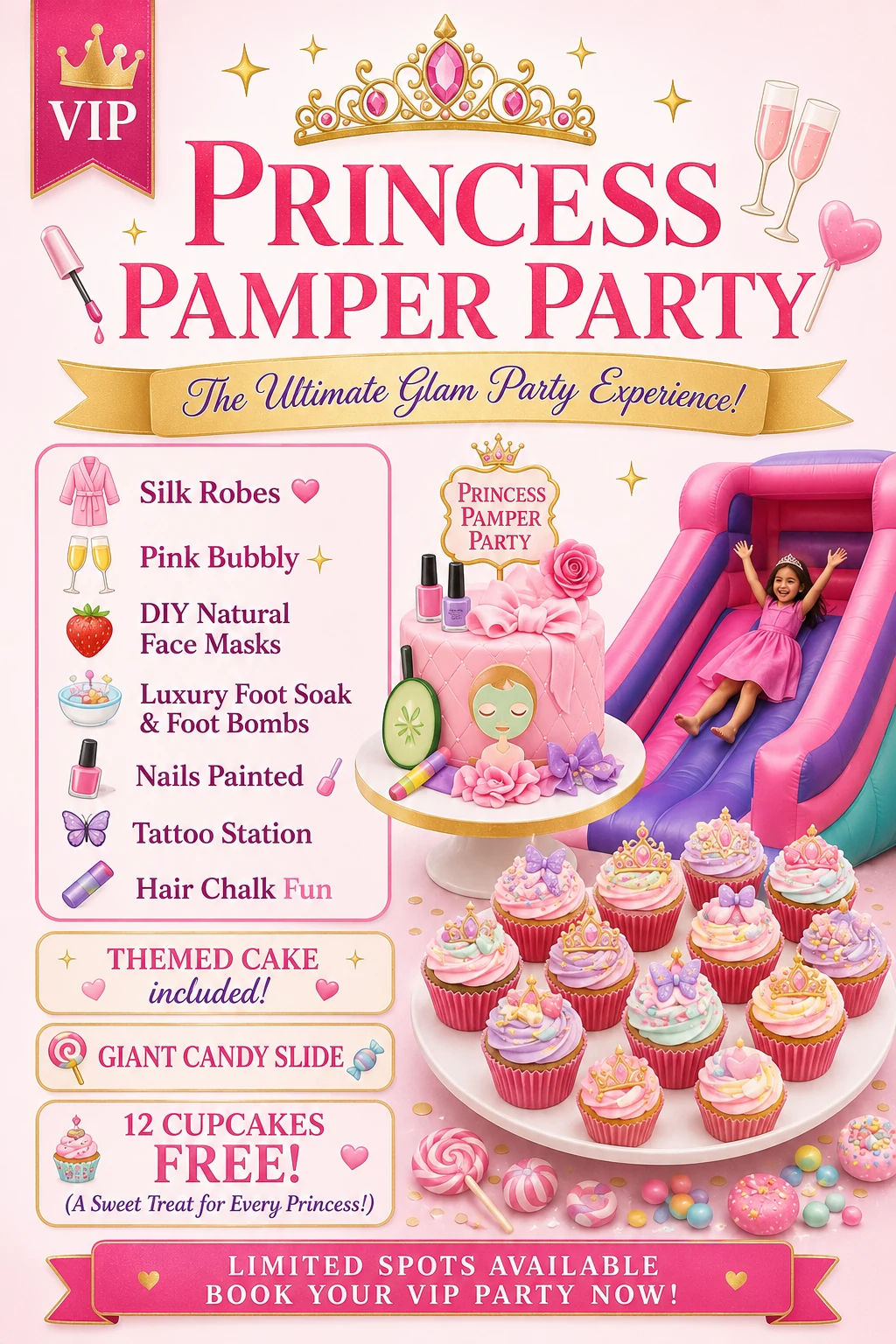 Princess Pamper Party - the ultimate glam party experience with silk robes, pink bubbly, face masks, foot soak, nails painted, tattoo station, hair chalk, a themed cake, giant candy slide and 12 free cupcakes