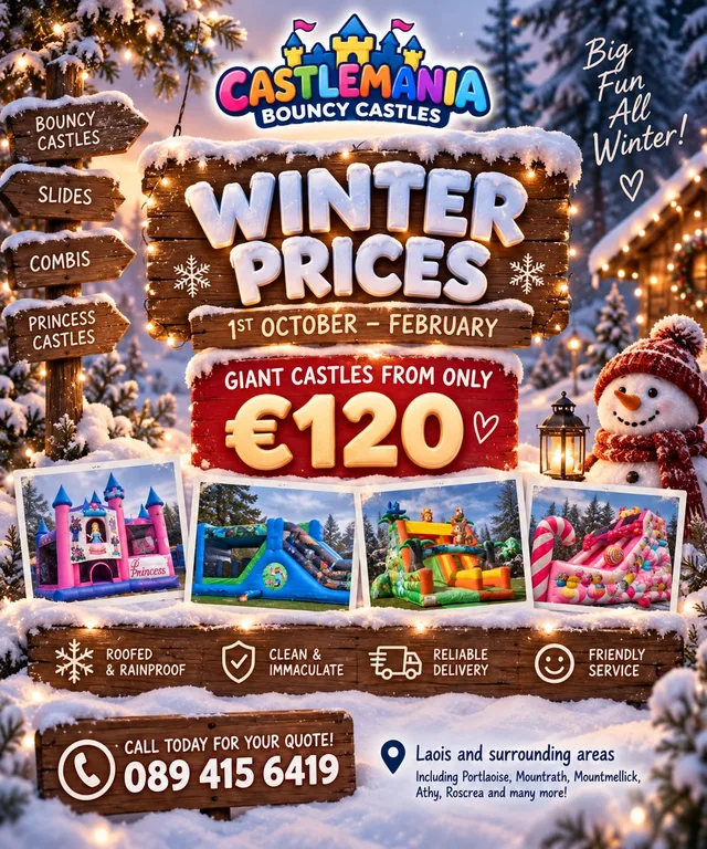 Castlemania winter prices poster: giant castles from 120 euro, 1st October to February